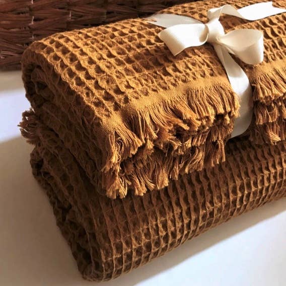 Waffle Soft 100% Turkish Cotton Blanket -  Mustard