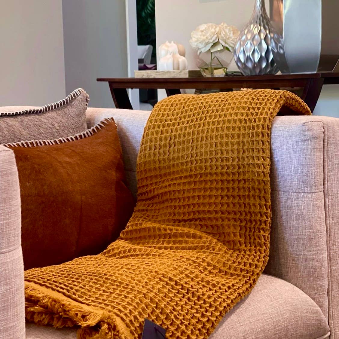 Waffle Soft 100% Turkish Cotton Blanket -  Mustard